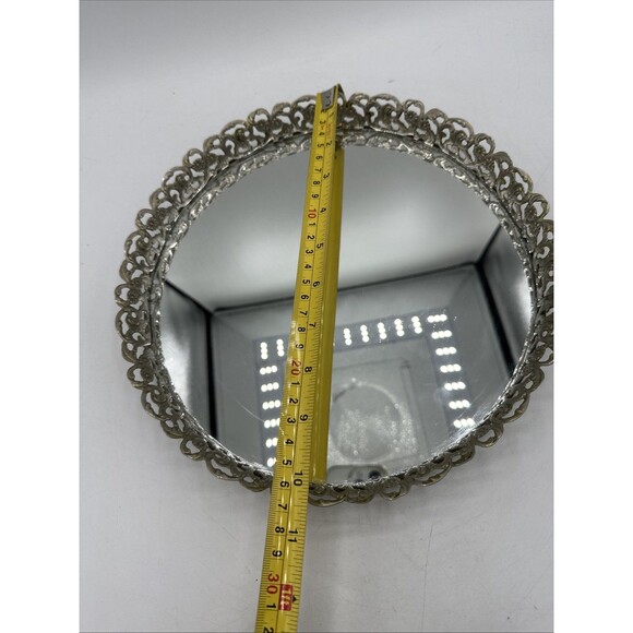 Vanity Mirrored Tray Gold Filigree Round Dresser Perfume Makeup Mirror 10 Inches - Picture 10 of 11
